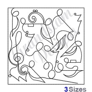 Peut inclure: Dessin en noir et blanc de notes de musique et de volutes. Le motif est de forme carrée.