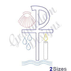 Puede incluir: Un diseño de bordado azul y blanco de una cruz con una concha, gotas de agua y una vela. El diseño es para bordado e incluye dos tamaños.