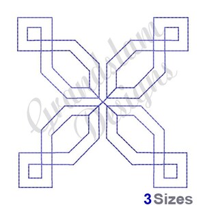 May include: A blue geometric design with a symmetrical pattern of interconnected lines and shapes, including squares and diamonds. The text "3 Sizes" is at the bottom.