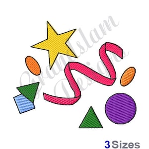 May include: A colorful embroidery design featuring a yellow star, pink ribbon, green and blue triangles, and orange and purple circles.  The design is perfect for adding a fun and playful touch to any project.
