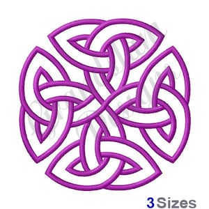 May include: A purple Celtic knot design with a circular shape. The knot is made up of interlacing lines that form a complex pattern.