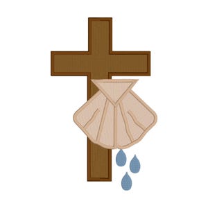 Puede incluir: Una cruz marrón con una concha beige y tres gotas de agua azules, que simbolizan el bautismo. La cruz tiene un borde marrón oscuro. La concha está detallada con líneas texturizadas.