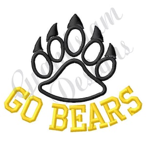 May include: Black bear paw print with the words "GO BEARS" in yellow below it.