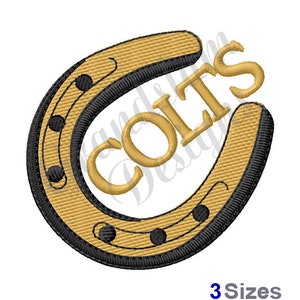 May include: Gold horseshoe with black outline and the word "COLTS" in gold lettering.