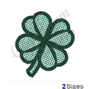 May include: A green four-leaf clover with a mesh pattern, outlined in dark green. The clover is a popular symbol of good luck and is often associated with St. Patrick's Day.