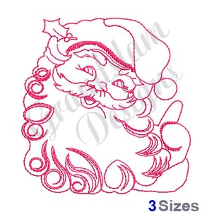 Pode incluir: Um desenho de bordado de linha rosa do Papai Noel com barba e chapéu. O desenho tem uma forma circular e um estilo caprichoso.