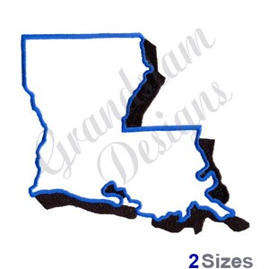 May include: Outline of the state of Louisiana in blue with a black fill. The outline is thicker than the fill. The image is on a white background.