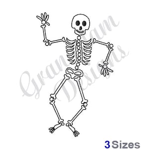 May include: A black and white line drawing of a skeleton waving with a friendly smile. The skeleton is in a dancing pose with one leg raised.