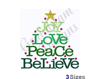 May include: Green Christmas tree design featuring the words "Joy", "Love", "Peace", and "Believe" in a layered, stacked design. The tree is decorated with red dots and a gold star.