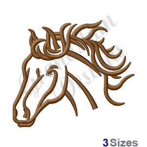 Può includere: Un'illustrazione di arte di linea marrone di una testa di cavallo con una criniera fluida. Il cavallo è rivolto a sinistra.