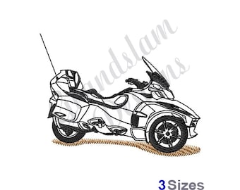 May include: Black and white line art illustration of a three-wheeled motorcycle.