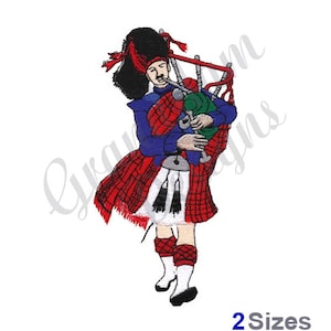 May include: A man in a red, black and white kilt plays a bagpipe. He is wearing a blue jacket and a black hat with a red feather.