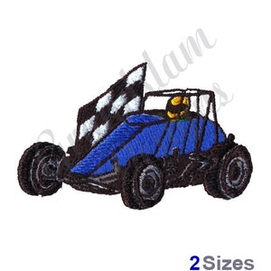 May include: An embroidered design of a blue race car with a checkered flag, a driver wearing a helmet, and black wheels.