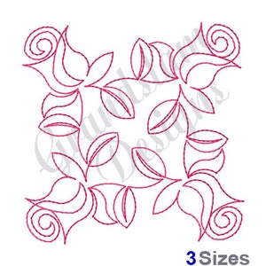 May include: A digital embroidery design featuring a square pattern of four stylized roses with leaves. The design is outlined in pink thread.