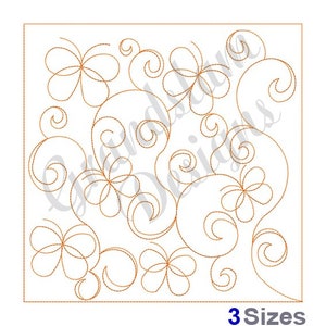 May include: An embroidered design featuring stylized flowers and swirling vines in a warm brown colour. The design is set against a white background and is enclosed within a square frame. The text "3 Sizes" is at the bottom.