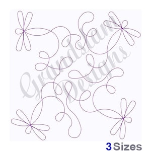 May include: A digital embroidery design featuring a repeating pattern of four stylized flowers with swirling vines. The design is in black and white and is available in three sizes.