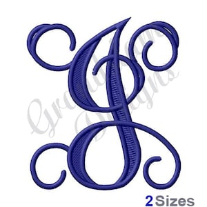 May include: A blue embroidered monogram letter J with decorative swirls. The letter is in a script font.