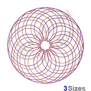 May include: A circular design with intersecting purple and orange lines, forming a geometric pattern. The design has a star-like centre and is set against a white background. The text "3 Sizes" is at the bottom.