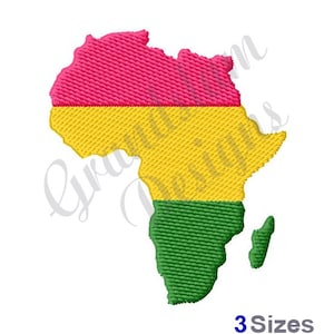 May include: An outline of the continent of Africa in the shape of a flag. The flag is red, yellow, and green.