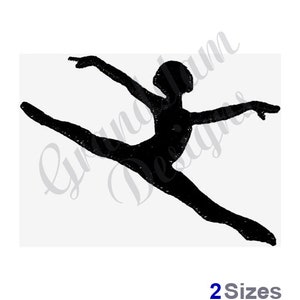 May include: Black silhouette of a dancer in a split position with one arm extended to the side and the other arm extended forward.