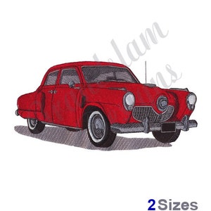 Könnte beinhalten: Ein rotes Oldtimer-Auto mit Chrom-Akzenten und einem detaillierten Kühlergrill. Das Auto ist im Cartoon-Stil gezeichnet.