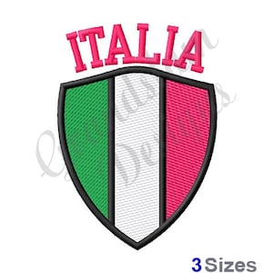 May include: An embroidered patch with the Italian flag colors, green, white, and red, in a shield shape with the word "ITALIA" above it.