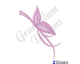 May include: Pink butterfly embroidery design with intricate details. This design is available in two sizes.