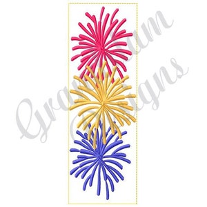 May include: Three stylized fireworks in a vertical row. The top firework is pink, the middle firework is yellow, and the bottom firework is blue.