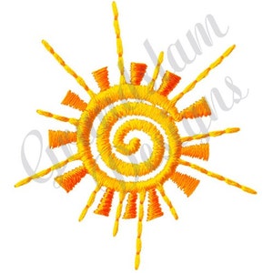 May include: A yellow and orange sun with a spiral design in the center. The sun has 16 rays.