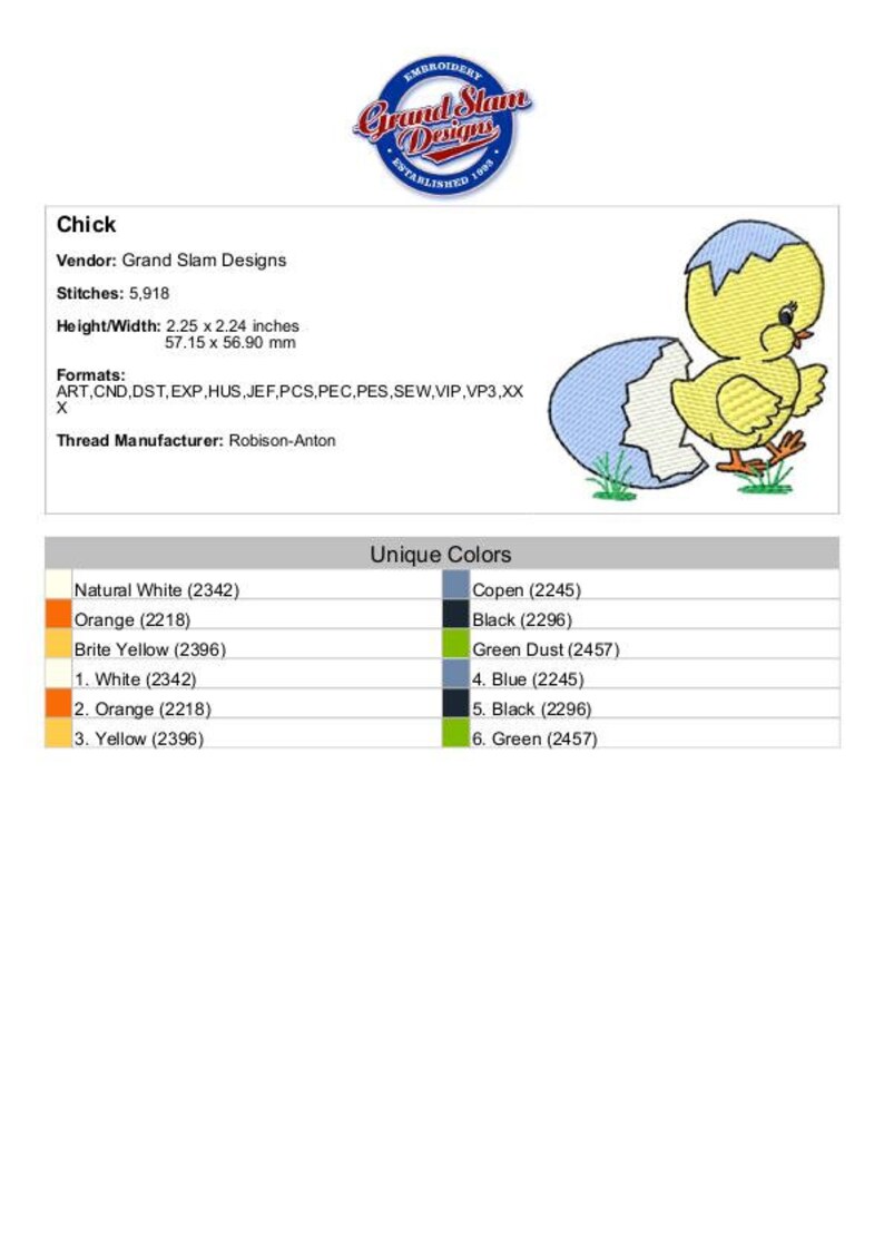K&ouml;nnte beinhalten: Ein gelber K&uuml;ken schl&uuml;pft aus einem blauen Ei mit gr&uuml;nem Gras. Das Stickmuster hei&szlig;t "Chick" und stammt von Grand Slam Designs. Es ben&ouml;tigt 5.918 Stiche und misst 5,71 cm x 5,69 cm.