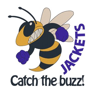 May include: A cartoon bee with black and yellow stripes wearing purple boxing gloves. The bee is flying with its wings spread out. The text "JACKETS" is written in purple letters around the bee. The text "Catch the buzz!" is written in black letters below the bee.