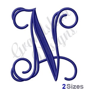 May include: A blue embroidered monogram letter N with a decorative flourish. The letter is in a script font and is suitable for embroidery projects.