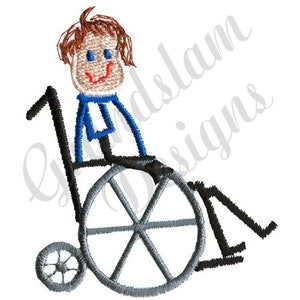 May include: A simple line drawing of a person in a wheelchair. The person has brown hair, a blue shirt, and a smiling face. The wheelchair is black with a gray wheel.