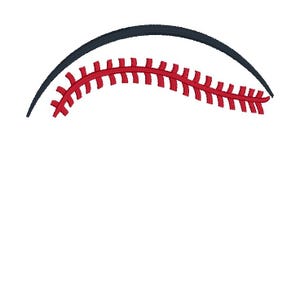 Op de afbeelding: Een honkbal-ontwerpelement met een gebogen zwarte lijn en rode stiksels op een witte achtergrond. De rode stiksels zijn in een gebogen patroon, dat lijkt op de naden van een honkbal. Geschikt voor sportthema-knutselwerk.
