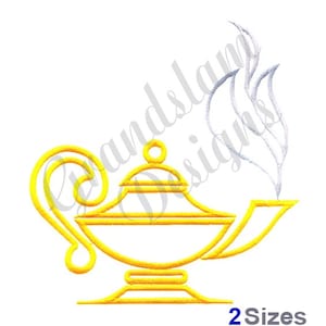 May include: A yellow outline of an oil lamp with a white smoke plume coming from the spout. The lamp has a rounded top and a curved handle.