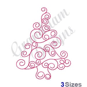 May include: A pink outline of a stylised Christmas tree made of swirls and circles.