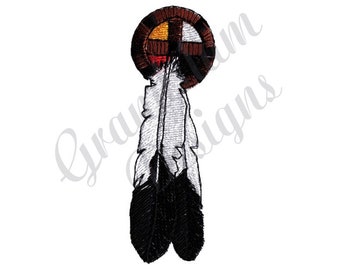 May include: A Native American inspired design featuring a circle with four colours, red, yellow, orange, and white, and two black and white feathers.