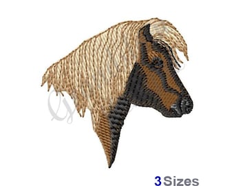 May include: Embroidered design of a brown and black horse head with a light brown mane. The horse is looking to the right.