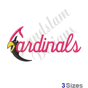 May include: Embroidered design of a red cardinal with a yellow beak and black eyes, with the word "Cardinals" in pink cursive lettering.