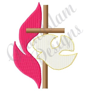 May include: A white dove with outstretched wings, symbolising peace, is superimposed on a brown wooden cross. The cross is surrounded by a pink flame, representing the Holy Spirit.