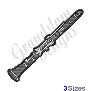 以下が含まれることがあります： クラリネットの白黒刺繍デザイン。クラリネットは、長い円筒形のボディとシングルリードマウスピースを持つ木管楽器です。