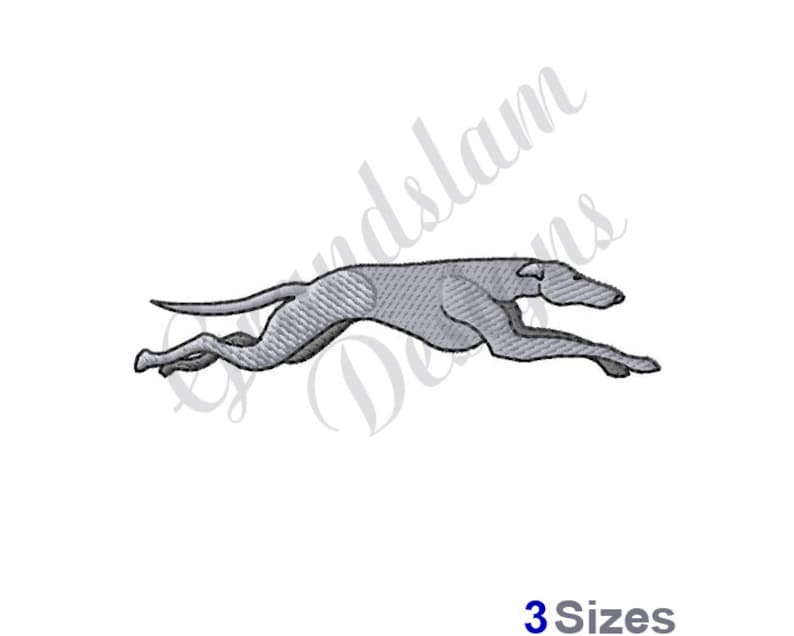 May include: An embroidered image of a greyhound dog in full stride. The dog is grey and has detailed stitching. The text "3 Sizes" is at the bottom. The dog is running with its body elongated and legs extended.