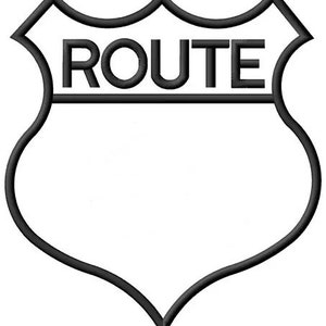 May include: Black and white outline of a classic US highway route sign with the word "ROUTE" at the top.