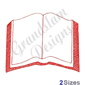 May include: A red line drawing of an open book. The book is drawn in a simple, hand-drawn style.
