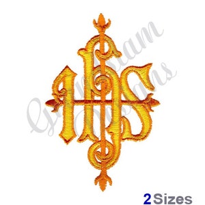May include: Gold embroidered monogram of the letters IHS, a traditional Christian symbol, with a cross design.