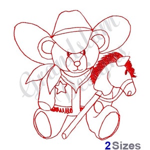 Cowboy Teddy Bear Redwork - Machine Embroidery Design
