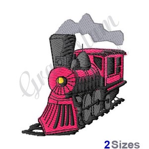 May include: A pink and black steam engine train with smoke coming from the chimney. The train has a large front wheel and smaller wheels in the back. The train is on a track.