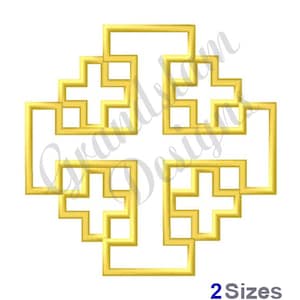 May include: A gold geometric cross design embroidery pattern. The design features a series of overlapping squares and rectangles, creating a complex and intricate pattern.