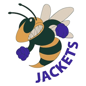 May include: A cartoon green and yellow bee with purple boxing gloves, wearing a menacing expression. The bee is flying with its wings spread out. The text "JACKETS" is written in a purple arc around the bee.
