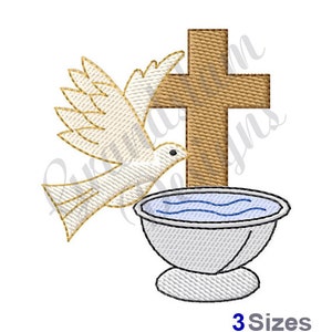 May include: A white dove with outstretched wings is drinking from a white baptismal font. A brown wooden cross stands behind the font. The dove symbolises the Holy Spirit, and the font represents the water of baptism.